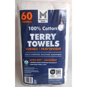 Member's Mark 100% Cotton Terry Towels 14"x17", 60 Count Bulk Pack Shop Garage
